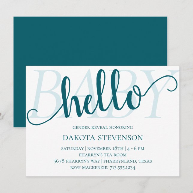 Simple Teal Hello Baby | Dark Blue-Green Flourish Invitation (Front/Back)