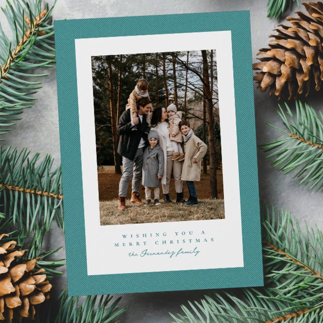 Simple teal herringbone frame Christmas photo Holiday Card (Creator Uploaded)