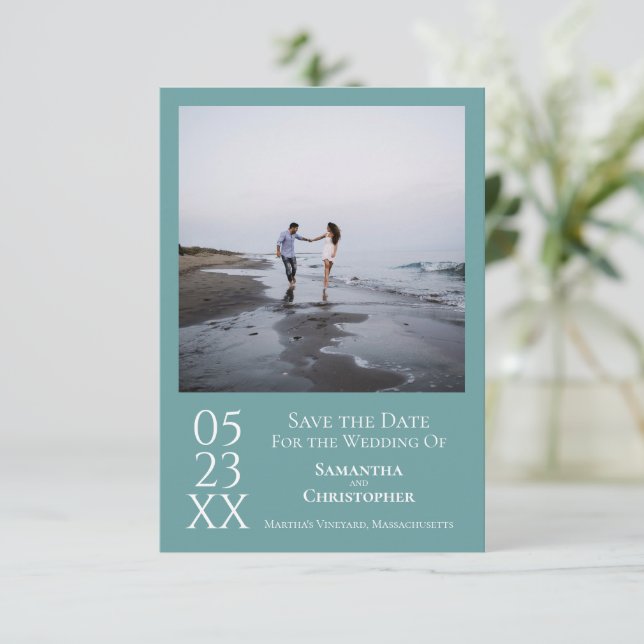 Simple Teal Modern Minimalist Photo Wedding Save The Date (Standing Front)