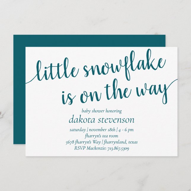 Simple Teal Script | Blue-Green Flourish Snowflake Invitation (Front/Back)