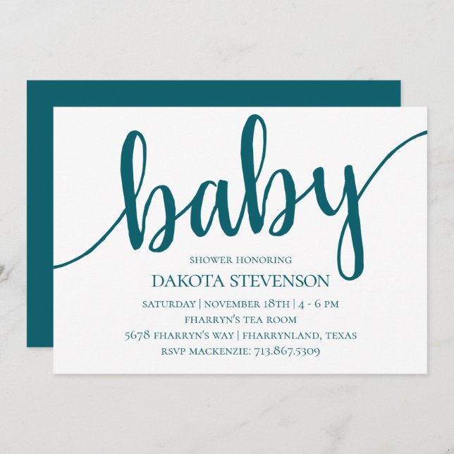 Simple Teal Script | Dark Blue-Green Baby Shower Invitation (Front/Back)