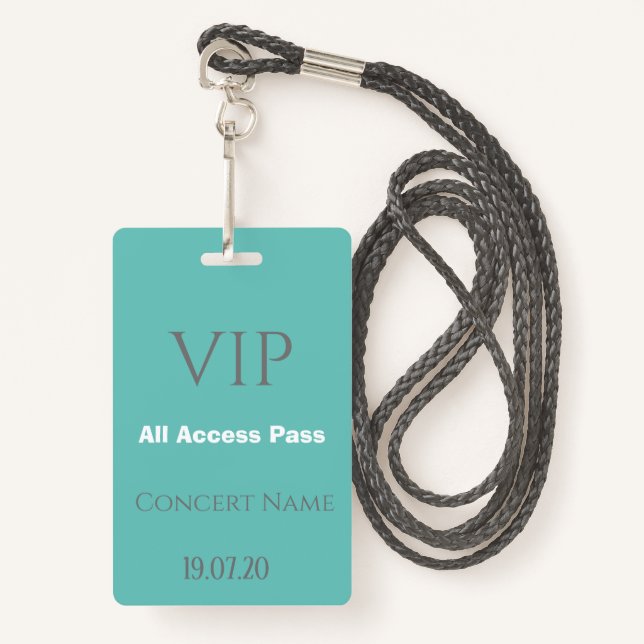 Simple Teal VIP All Access Pass Concert Badge (Front with Lanyard)