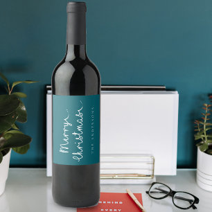 Simple Teal White Name Minimalist Merry Christmas Wine Label