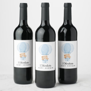 Simple Teddy Bear Blue Balloon Wine Label