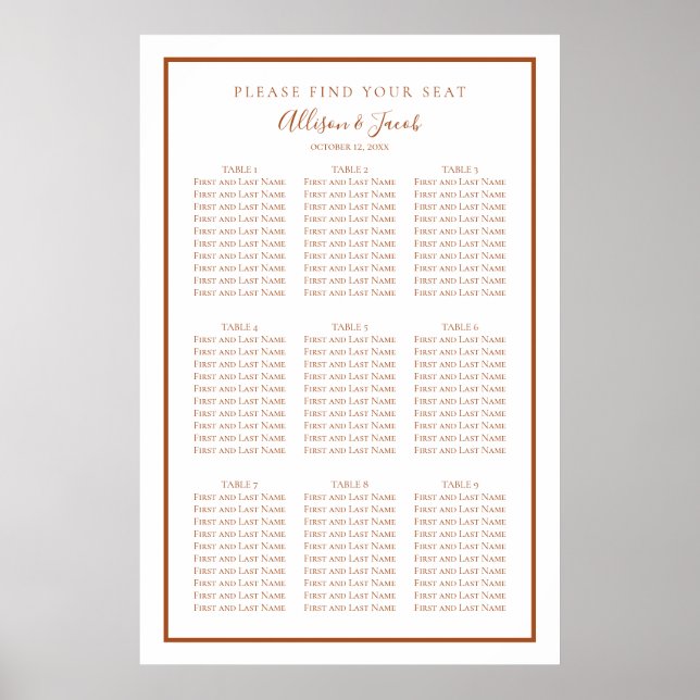 Simple Terra Cotta and White Wedding Seating Chart (Front)