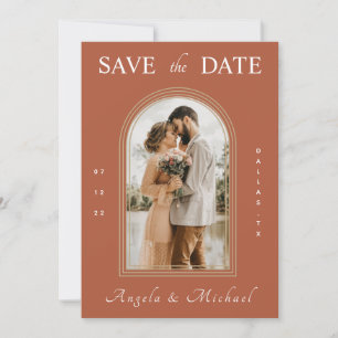 Simple Terracotta Arch Engagement Photo Boho Brown Save The Date
