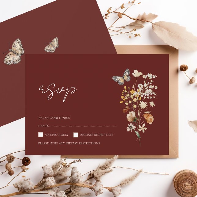 Simple Terracotta Autumn Fall Wildflowers Wedding RSVP Card (Creator Uploaded)