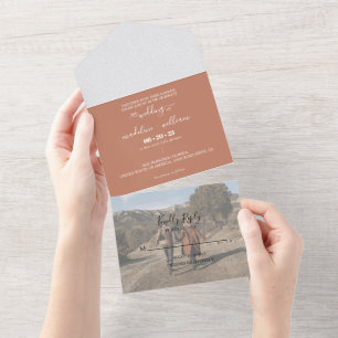 Simple Terracotta Boho Trendy Photo Wedding All In One Invitation