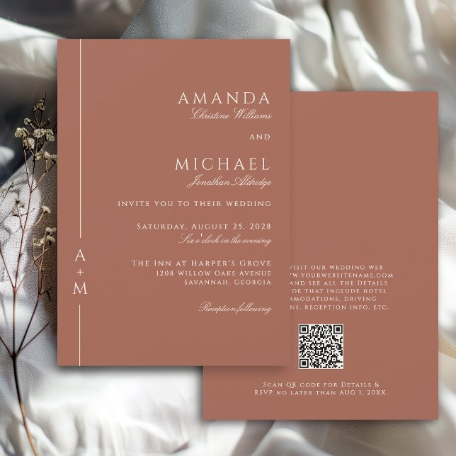 Simple Terracotta Elegant Monogram QR code Wedding Invitation (Available in both printed and instant download digital formats.)