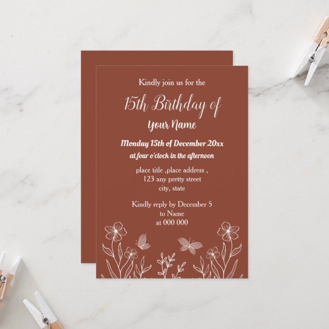 Simple terracotta floral birthday invitation (Front/Back In Situ)