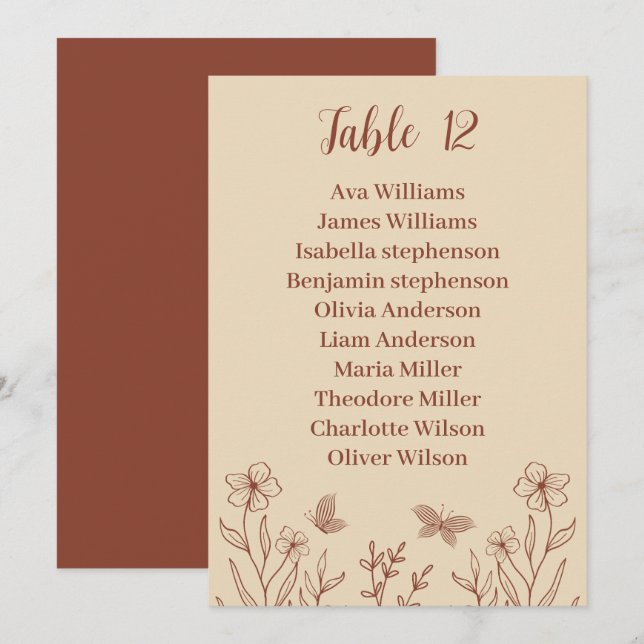 Simple terracotta floral seating chart card (Front/Back)