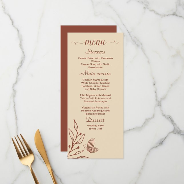 Simple terracotta floral wedding menu (Front/Back In Situ)