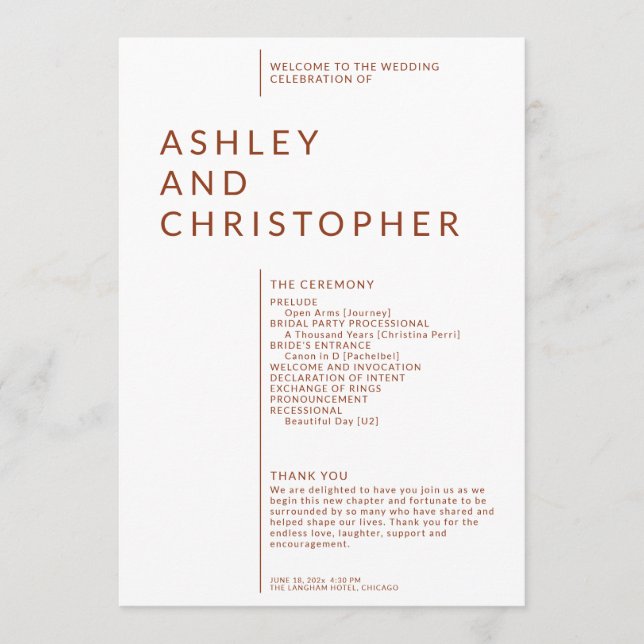 Simple Terracotta Isolated Names Wedding Ceremony Program (Front)