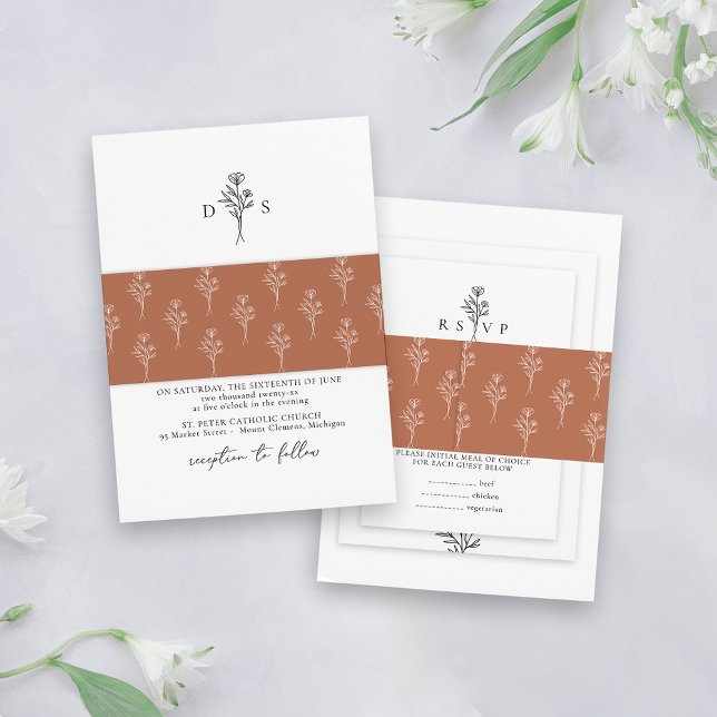 Simple Terracotta Minimal Floral Pattern Wedding Invitation Belly Band (Creator Uploaded)
