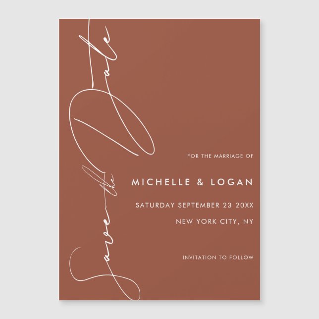 Simple Terracotta Modern Script Save the Date Magnetic Invitation (Front)
