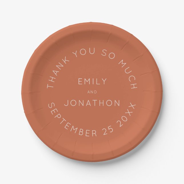 Simple Terracotta Names Date Text Custom Wedding Paper Plate (Front)