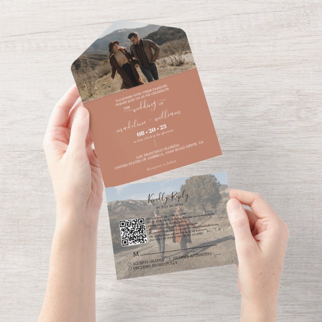 Simple Terracotta Trendy QR Code RSVP Wedding All In One Invitation (Tearaway)