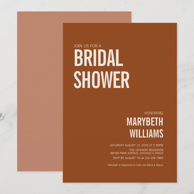 Simple Terracotta Typography Bridal Shower Invitation (Front/Back)