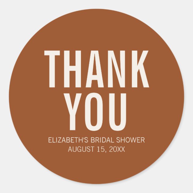 Simple Terracotta Typography Bridal Thank You  Classic Round Sticker (Front)