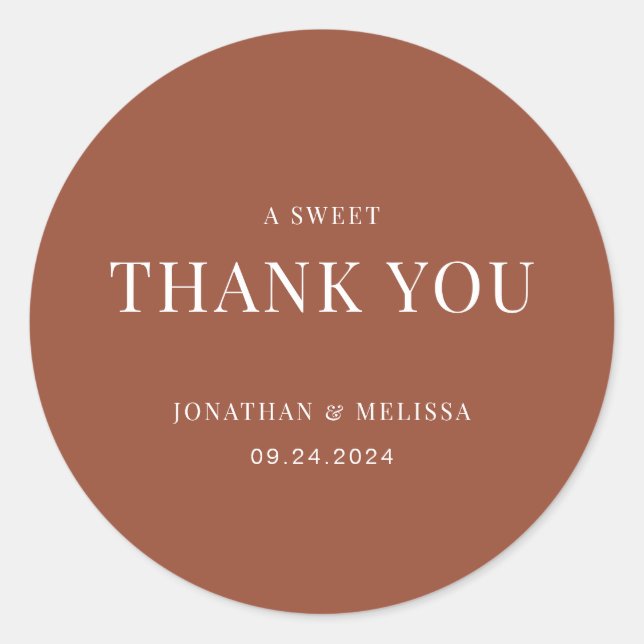 Simple Terracotta Typography Wedding Thank You Classic Round Sticker (Front)