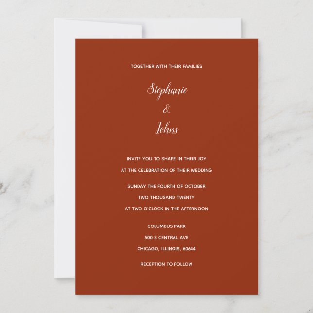 Simple Terracotta White Classic Colourful Wedding Invitation (Front)