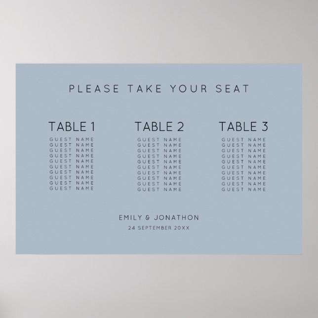 Simple Text 30 guests 3 tables Blue Seating Chart (Front)