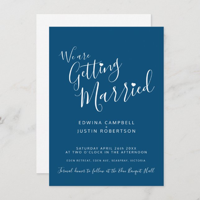 Simple text and heart blue white wedding invites (Front/Back)