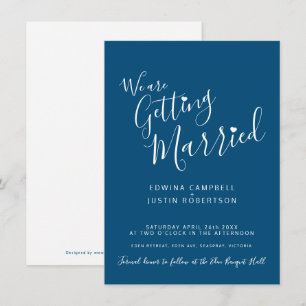 Simple text and heart blue white wedding invites