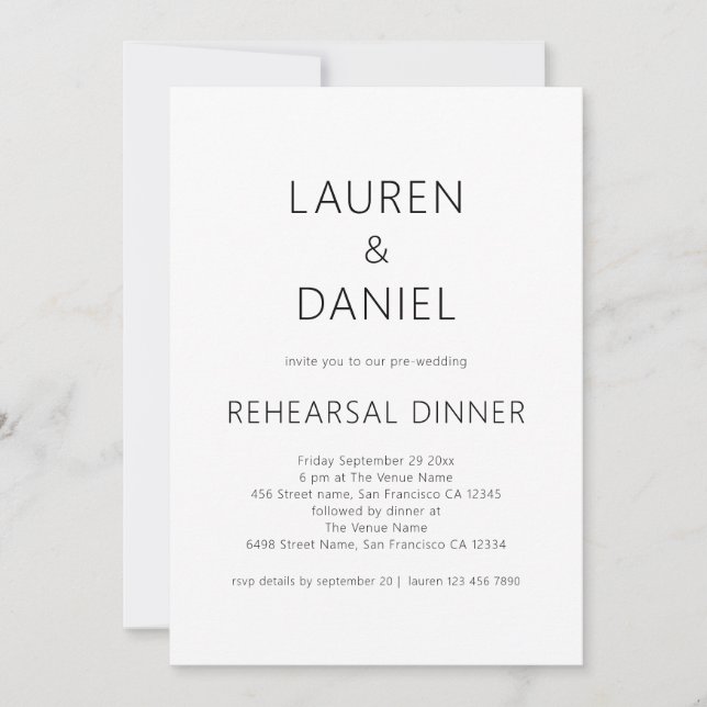 Simple Text Black White Wedding Rehearsal Dinner Invitation (Front)