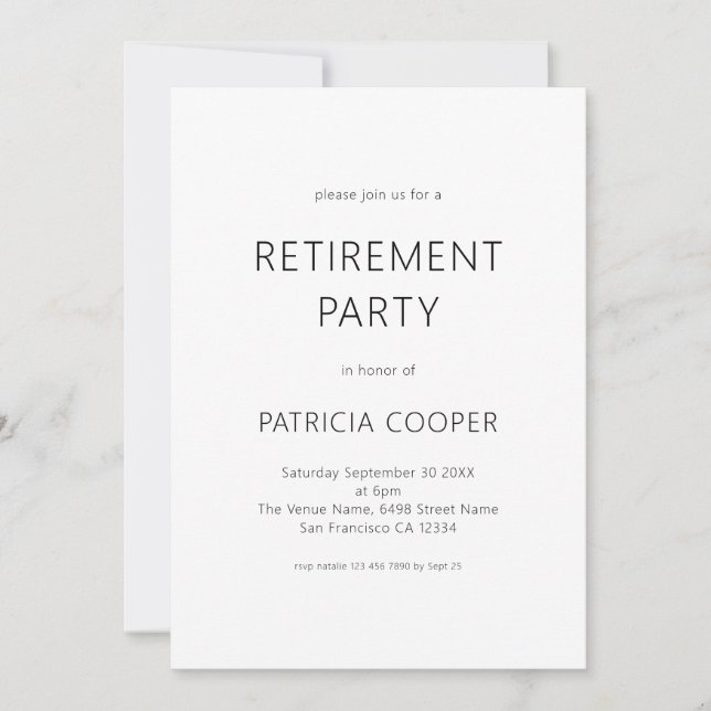 Simple Text Only Black and White Retirement Party Invitation (Front)