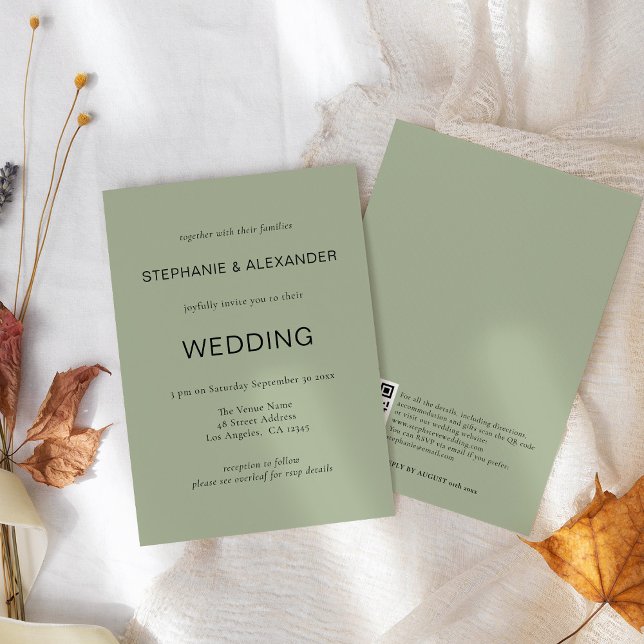 Simple Text Only QR Code Sage Green Wedding Invitation (Creator Uploaded)