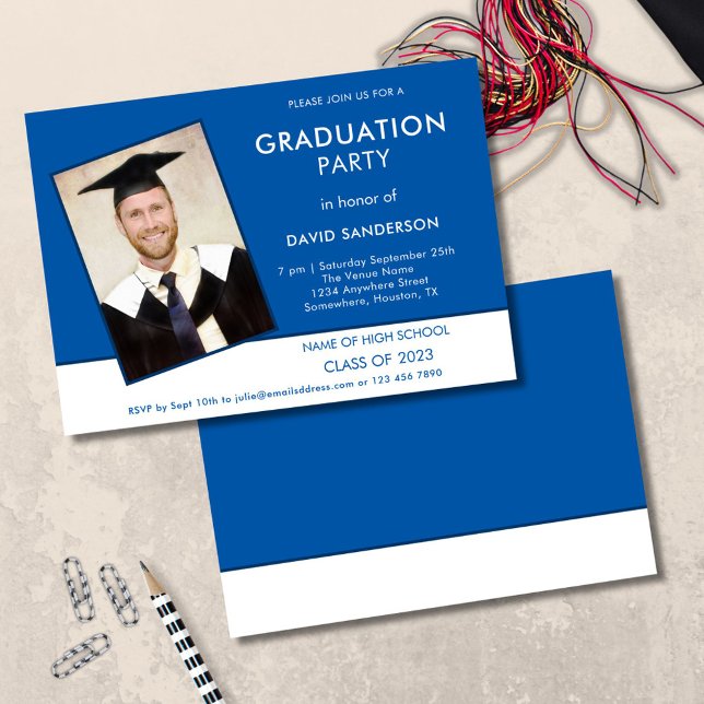 Simple Text Photo Blue White Graduation Invitation (front and back view)