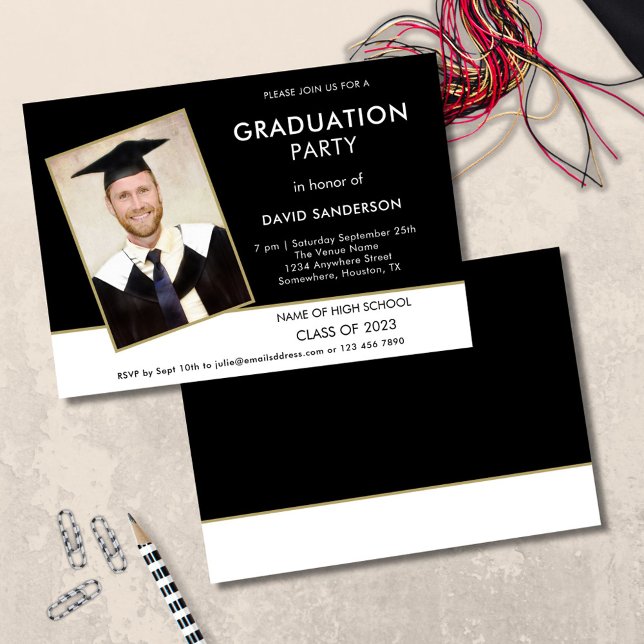 Simple Text Photo Gold White Black 2025 Graduation Invitation (front and back view)