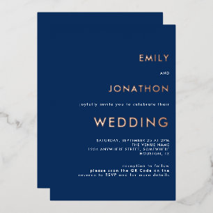 Simple Text QR Code Wedding Navy Rose Gold Real