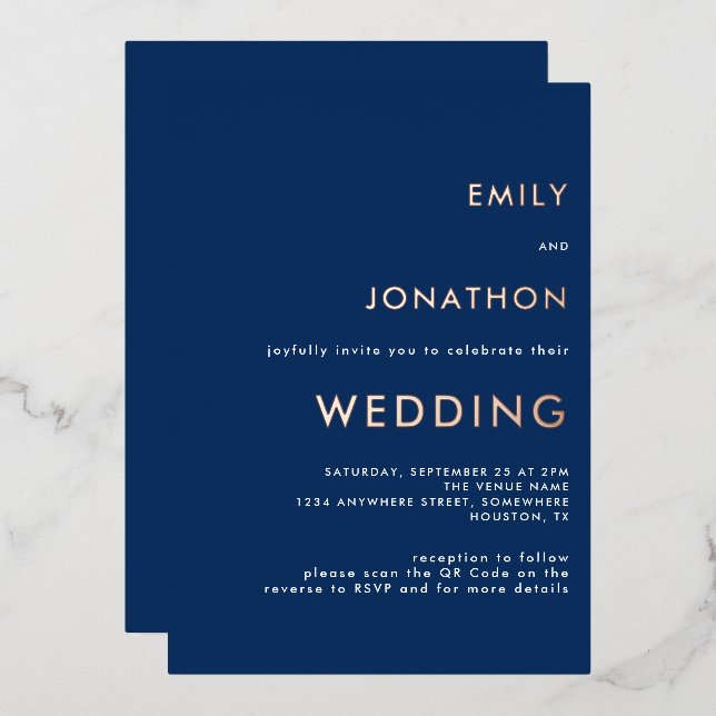 Simple Text QR Code Wedding Navy Rose Gold Real (Front/Back)