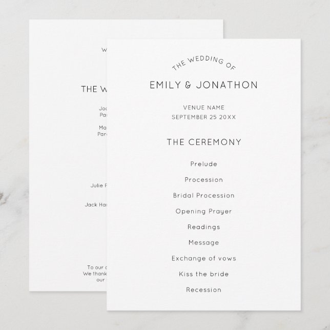 Simple Text Wedding Program Black White  (Front/Back)