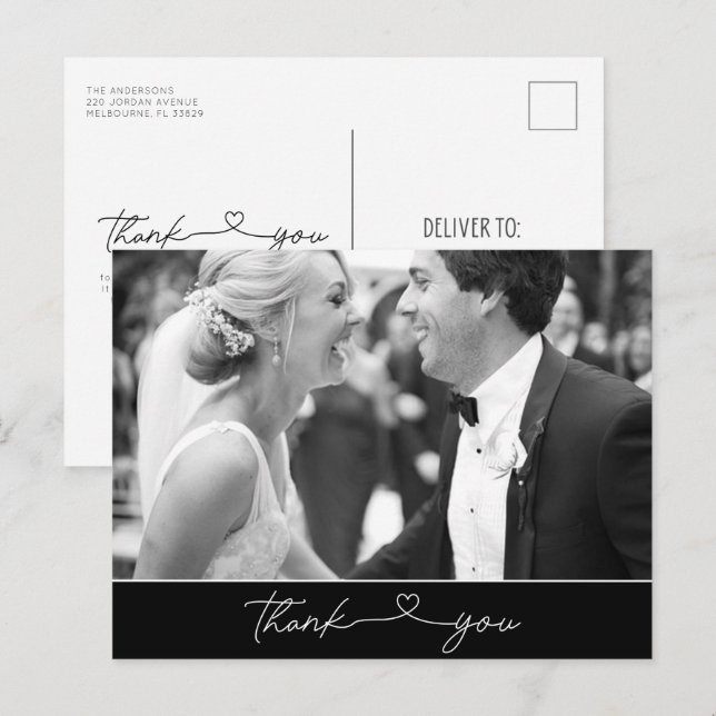 Simple Thank You Heart Script Photo Wedding Postcard (Front/Back)