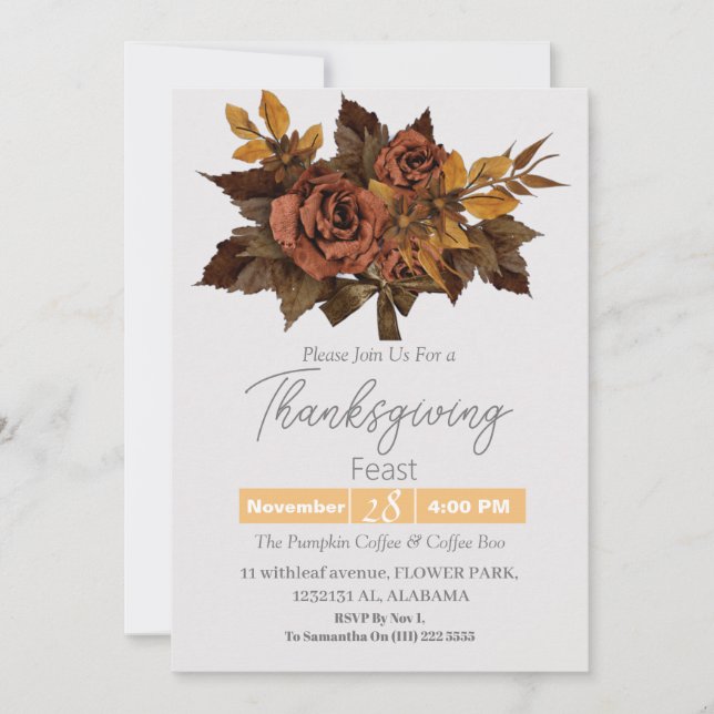 Simple Thanksgiving Dinner watercolor flower fall Invitation (Front)