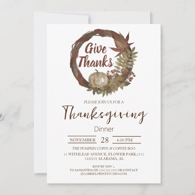 Simple Thanksgiving Dinner watercolor Pumpkin Fall Invitation (Front)
