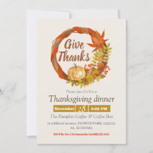 Simple Thanksgiving Dinner watercolor Pumpkin fall Invitation