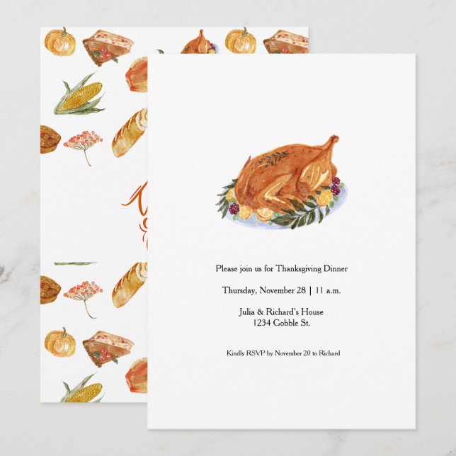 Simple Thanksgiving Turkey Dinner Invitation (Front/Back)