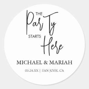 Simple The Party Starts Here Rehearsal Dinner Classic Round Sticker