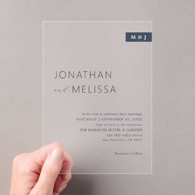 Simple Thin Navy Blue Typography Monogram Wedding Acrylic Invitations (Insitu (Handheld))
