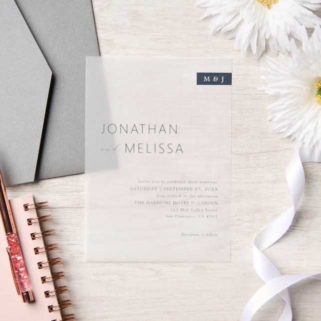 Simple Thin Navy Blue Typography Monogram Wedding Vellum Invitations (Wedding)