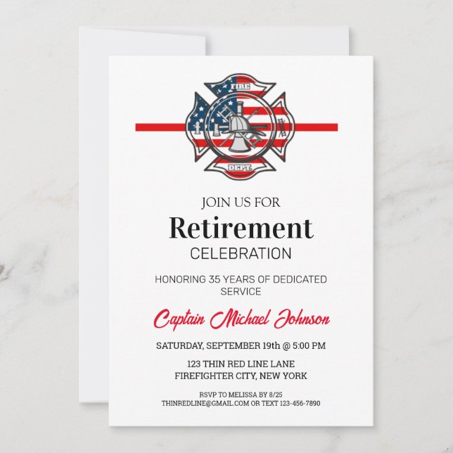 Simple Thin Red Line Fire Department Retirement  Invitation (Front)