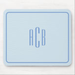 Simple Three Letter Blue Monogram Border Mouse Pad<br><div class="desc">A light and cornflower blue simple three letter monogram design on a desk mat. 
Change both the font and background if you'd prefer brighter colours.
Create your own monogrammed gift for him.
Customize the rounded rectangle border,  or delete it if you'd prefer.</div>