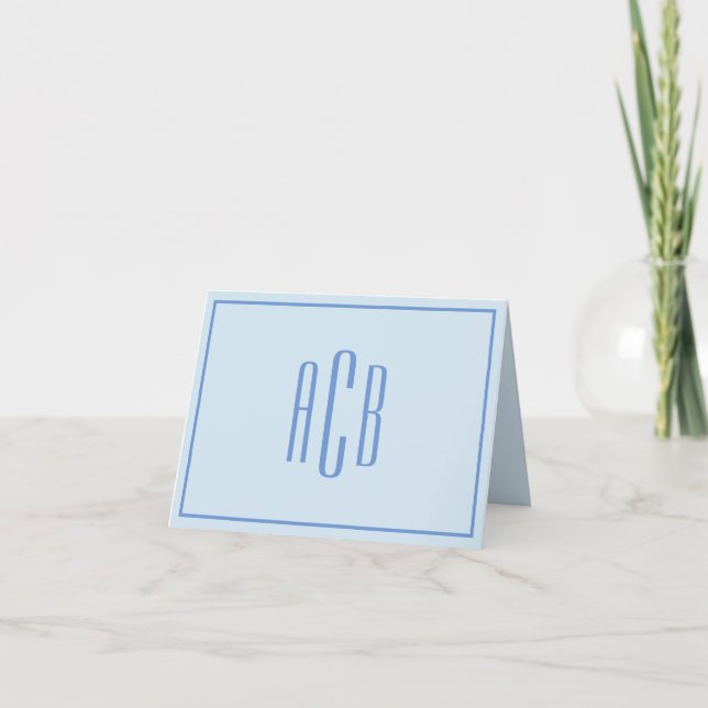 Simple Three Letter Blue Monogram Border Note Card (Front)