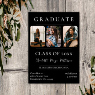 Simple Three Photo Graduation   Black Invitation