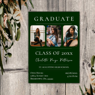 Simple Three Photo Graduation Emerald Green Invitation