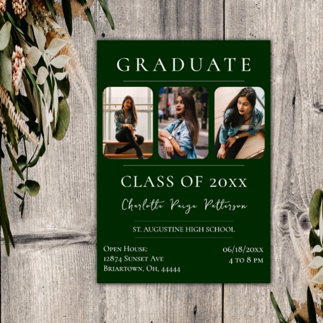 Simple Three Photo Graduation | Emerald Green Invitation (Emerald Green Simple Three Photo Graduation Invitation)